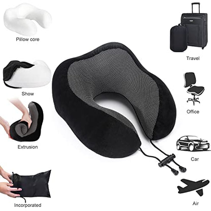  Findigit Travel Neck Pillow 100% Pure Memory Foam Pillow, Airplanes & Car Sleep Neck, Comfortable & Breathable Cover, Machine Washable, Travel Kit With Eye Masks, Earplugs, And Luxury Bag (Black)