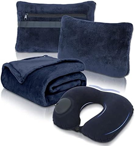  Travel Blanket And Pillow Set - Portable Inflatable Travel Neck Pillow And Premium Soft Airplane Blanket With Built-in Soft Bag, Neck Snaps, Zippered Pouch, And Hand Luggage Strap, 70" X 40" (Pink)