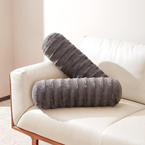  Cheer Collection Set Of 2 Faux Fur Bolster Pillows, Decorative Roll Pillow For Couch With Removable Washable Cover, Cylinder Neck Pillows For Bed, Chair Or Sofa, 8” X 24” Inch, White