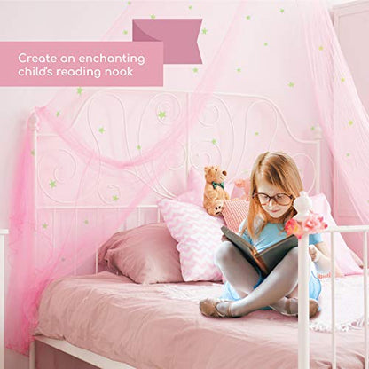  D Canopy For Girls With Glowing Stars - Princess Pink Baby Canopy For Bed, Netting Room Decor, Ceiling Tent, Canopy For Crib | Single, Twin, Full, Queen Size Kids Bed Curtains, Fire Retardant Fabric