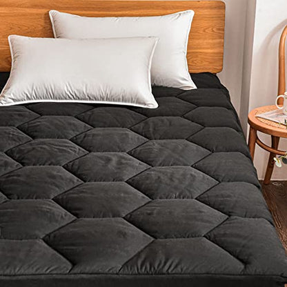  Quilted Mattress Pad Cover, Soft Breathable Honeycomb Hexagonal Design Mattress Topper, Thick Warm Fitted Mattress Protector, Stretches Up To 19" Deep Pocket (Black, Queen)
