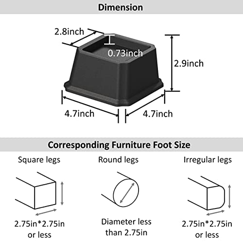  Whynonap Bed Risers 2 Inch Heavy Duty Bed Elevators, Set Of 6 Lifts Up 2000 Lbs Furniture Riser For Sofa And Table, Black