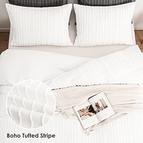  WARMDERN White Boho Duvet Cover Set Queen Size, Striped Textured Tufted Bedding Set, 3 Pcs Ultra Soft Washed Microfiber With Zipper Closure (Queen, White)