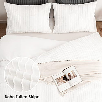  WARMDERN White Boho Duvet Cover Set Queen Size, Striped Textured Tufted Bedding Set, 3 Pcs Ultra Soft Washed Microfiber With Zipper Closure (Queen, White)