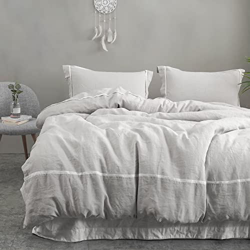  Simple&Opulence 100% Linen Duvet Cover Set Comforter King Size (104" X 92")-3pcs French Washed Flax Textured Soft Bedding With Striped Detail, 1 Duvet Cover And 2 Pillowcases (Grey)