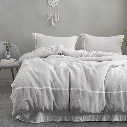  Simple&Opulence 100% Linen Duvet Cover Set Comforter King Size (104" X 92")-3pcs French Washed Flax Textured Soft Bedding With Striped Detail, 1 Duvet Cover And 2 Pillowcases (Grey)