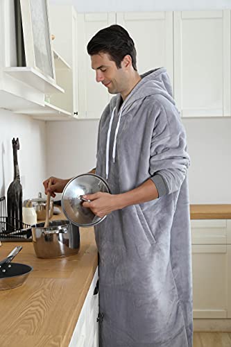  Oversized Sherpa Wearable Blanket Hoodie Long Soft Flannel Plush Blanket Sweatshirt Birthday Gifts For Men And Women 47 Inch (Gray)