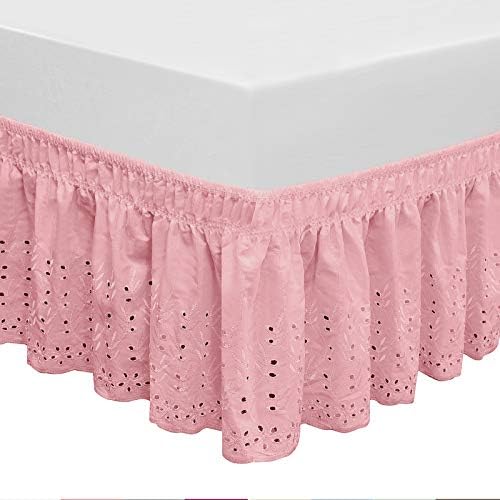  Wrap Around Elastic Eyelet Bed Skirts 14 1/2 Inches Drop Dust Ruffle Three Fabric Sides Easy On/Easy Off Adjustable Polyester Cotton(White Queen/King)