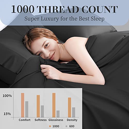  100% Cotton Queen Size Sheets Set - 1000 Thread Count，Luxury Egyptian Cotton Bed Sheets，Breathable & Smooth Hotel Sheets, 16 Inch Deep Pocket - 4 Piece (Queen, Black)