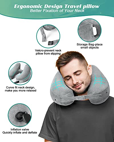  JefDiee Travel Pillow For Neck, Neck Pillows For Travel, Chin, Head Support, Airplane Pillow With Soft Washable Velour Cover, Hat, Portable Luxury Bag (Grey-1)