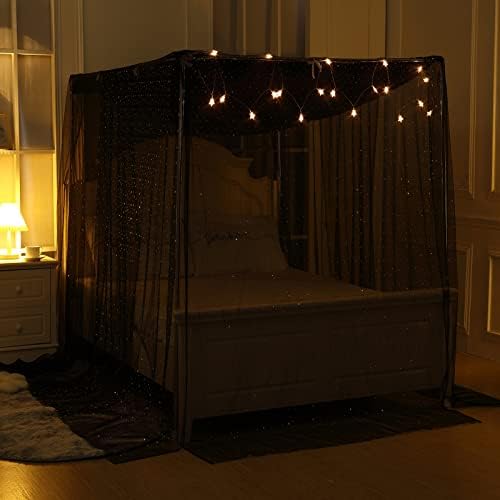  SCMTY Elegant Luxury 4 Corner Post Mosquito Net With Dustproof Top Cover For Adult Teen Girls Toddlers Girls Crib Bed Bedroom Decoration; Bed Canopy For Twin/Full/Queen/King Size Bed (Black, Queen)