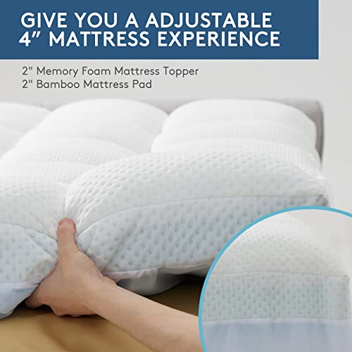  Dual Layer 4 Inch Memory Foam Mattress Topper Queen Size, Breathable & Medium Support, 2 Inch Cooling Gel Memory Foam & 2 Inch Bamboo Pillow Top Mattress Pad Cover For Back Pain