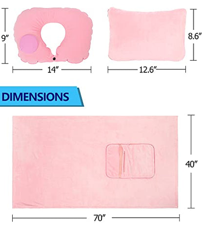  Travel Blanket And Pillow Set - Portable Inflatable Travel Neck Pillow And Premium Soft Airplane Blanket With Built-in Soft Bag, Neck Snaps, Zippered Pouch, And Hand Luggage Strap, 70" X 40" (Pink)