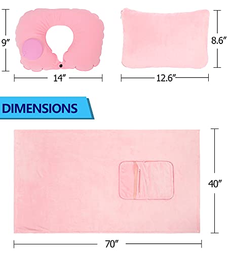  Travel Blanket And Pillow Set - Portable Inflatable Travel Neck Pillow And Premium Soft Airplane Blanket With Built-in Soft Bag, Neck Snaps, Zippered Pouch, And Hand Luggage Strap, 70" X 40" (Pink)