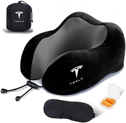  KIKIMO Travel Pillow For Tesla Model 3/Y/S/X Accessories, Tesla Memory Foam Neck Pillow For Airplane/Car/Office&Home Rest Use, Head Support Comfortable Portable Travel Pillows Kit
