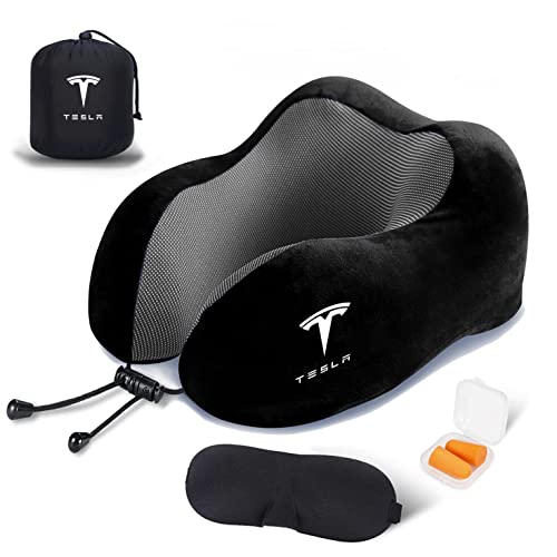  KIKIMO Travel Pillow For Tesla Model 3/Y/S/X Accessories, Tesla Memory Foam Neck Pillow For Airplane/Car/Office&Home Rest Use, Head Support Comfortable Portable Travel Pillows Kit
