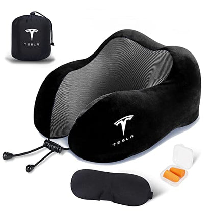  KIKIMO Travel Pillow For Tesla Model 3/Y/S/X Accessories, Tesla Memory Foam Neck Pillow For Airplane/Car/Office&Home Rest Use, Head Support Comfortable Portable Travel Pillows Kit