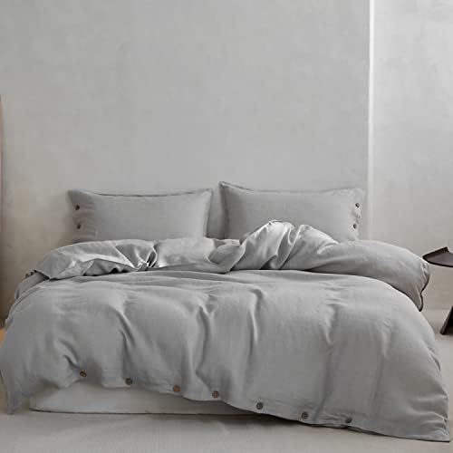  TOSMO 100% Linen Duvet Cover Set With Button Design, 3 Pieces (1 Duvet Cover With 2 Pillowcases), Soft Breathable Durable Farmhouse Bedding - Queen, Natural Linen