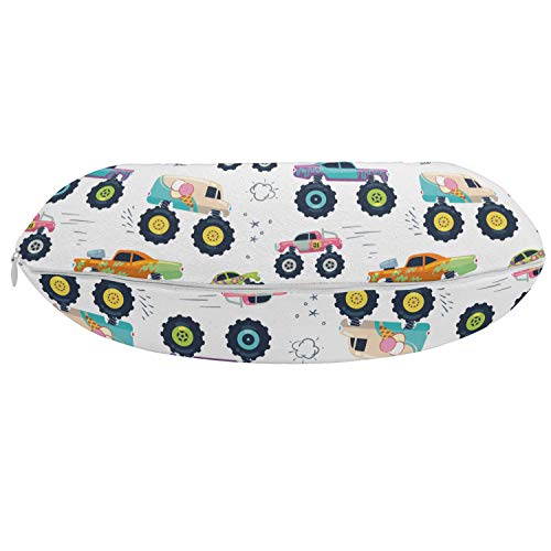  Lunarable Cars Travel Pillow Neck Rest, Monster Trucks Cartoon With Big Wheels Automative Funny With Star Ornaments Print, Memory Foam Traveling Accessory For Airplane And Car, 12", Multicolor
