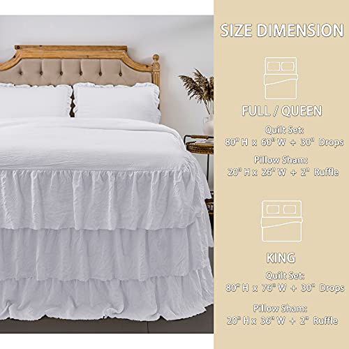  Rustic Ruffle Skirt Bedspread, Hand Made 30" Long Ruffle Skirt Coverlet, Natural Wrinkle Style For Kid, Baby （3 Pcs Set, Queen, White）