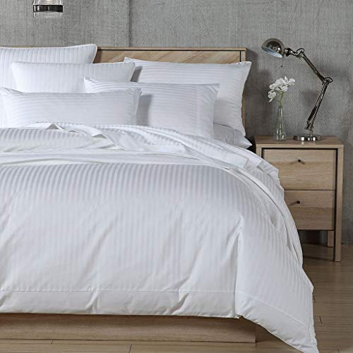  Merryfeel Cotton Sateen Duvet Cover Set,100% Cotton Sateen 300 Thread Count Classic Jacqaurd Stripe Duvet Cover Set,3 Pieces Bedding Set. (Full/Queen,White)-5-Star Hotel Quality