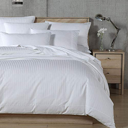  Merryfeel Cotton Sateen Duvet Cover Set,100% Cotton Sateen 300 Thread Count Classic Jacqaurd Stripe Duvet Cover Set,3 Pieces Bedding Set. (Full/Queen,White)-5-Star Hotel Quality