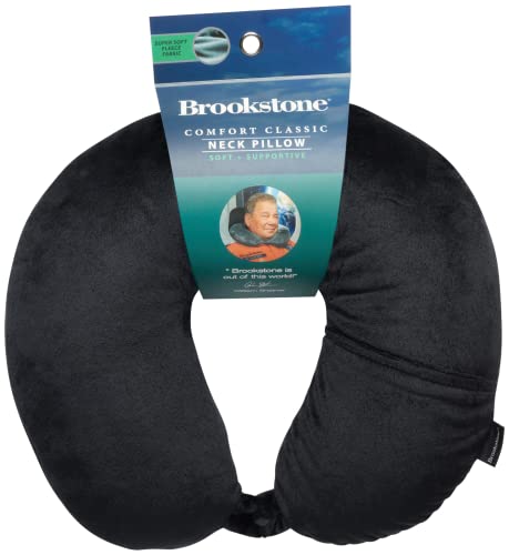  Brookstone Travel Pillow - 100% Microbead Comfort Classic Lightweight Ergonomic Plush Airplane Head And Neck Pillow With Phone Pocket, Black