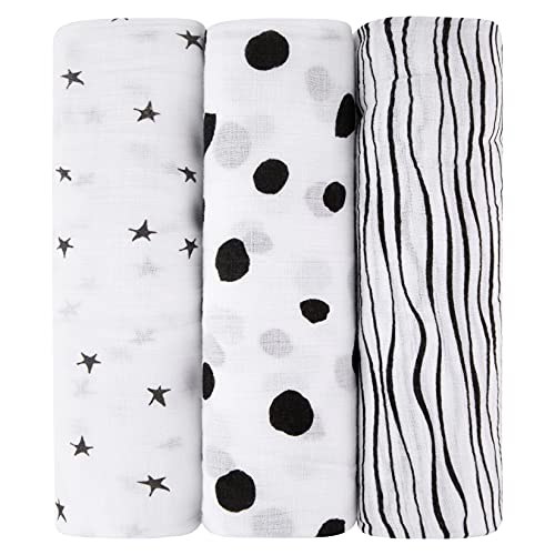  Ely's & Co. Muslin Swaddle Blanket 3-Pack For Baby Boy— 100% Cotton Muslin Extra-Large Swaddle Blankets (47”x 47”) — (Misty Blue Stars│Solid│Stripes)