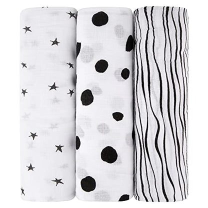  Ely's & Co. Muslin Swaddle Blanket 3-Pack For Baby Boy— 100% Cotton Muslin Extra-Large Swaddle Blankets (47”x 47”) — (Misty Blue Stars│Solid│Stripes)