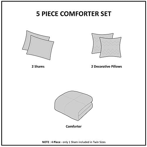  Zoey Triangle Metallic Print, Cozy Comforter Set All Season Bedding Set, Matching Sham, Decorative Pillow, Full/Queen, Grey/Silver 5 Piece