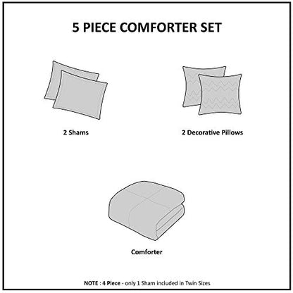  Zoey Triangle Metallic Print, Cozy Comforter Set All Season Bedding Set, Matching Sham, Decorative Pillow, Full/Queen, Grey/Silver 5 Piece