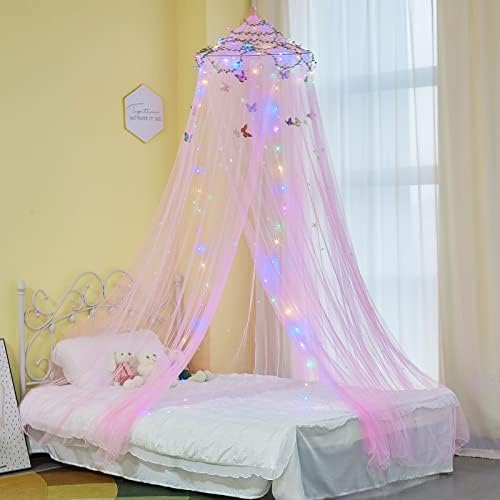  FIOBEE Bed Canopy For Girls Room Bed Canopy Curtains With Led Lights Mosquito Net DIY Princess Room Décor With Stars Butterflies For Kids Bedroom, Purple