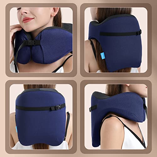  TripGood Neck Pillow For Travel - Extra Upper Back Support - Back Buckle Strap - Memory Foam Airplane Neck Pillow - Portable Travel Accessories - Blue