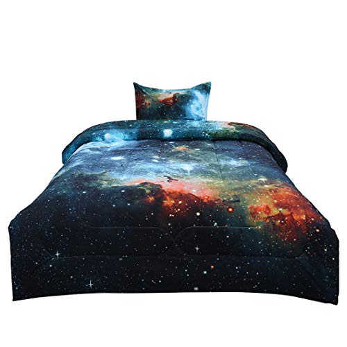  Twin Comforter Sets 2-Piece Galaxies Blue - 3D Space Themed - All-Season Down Alternative Quilted Duvet - Reversible Design - Includes 1 Comforter, 1 Pillow Case