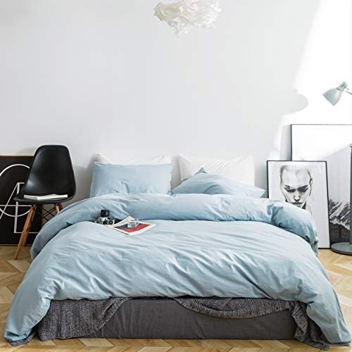 Light Blue Duvet Cover Queen Size 100% Washed Cotton Blue Duvet Cover 3 Pieces Set 1 Pale Blue Duvet Cover With Zipper Ties 2 Pillowcases Luxury Soft Baby Blue Bedding Set Durable Comfortable