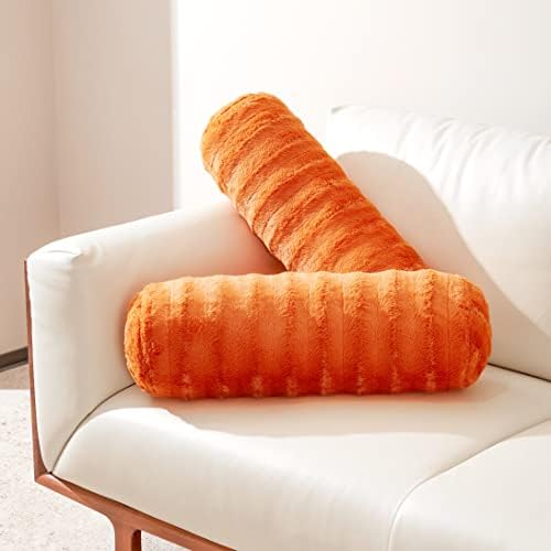  Cheer Collection Set Of 2 Faux Fur Bolster Pillows, Decorative Roll Pillow For Couch With Removable Washable Cover, Cylinder Neck Pillows For Bed, Chair Or Sofa, 8” X 24” Inch, White