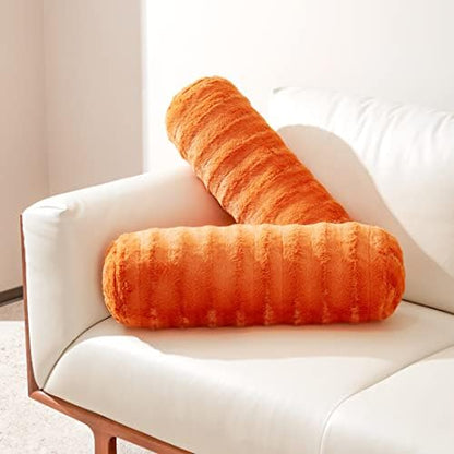  Cheer Collection Set Of 2 Faux Fur Bolster Pillows, Decorative Roll Pillow For Couch With Removable Washable Cover, Cylinder Neck Pillows For Bed, Chair Or Sofa, 8” X 24” Inch, White