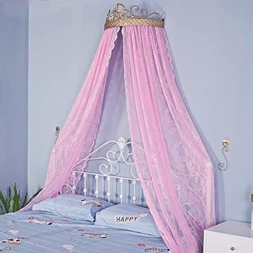 SFYZ HOME Princess Lace Bed Canopy With Metal Gold Crown, Floral Bed Sheer Curtain Decorative Drapery For King Queen Full Bed (Pink)