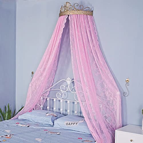  SFYZ HOME Princess Lace Bed Canopy With Metal Gold Crown, Floral Bed Sheer Curtain Decorative Drapery For King Queen Full Bed (Pink)
