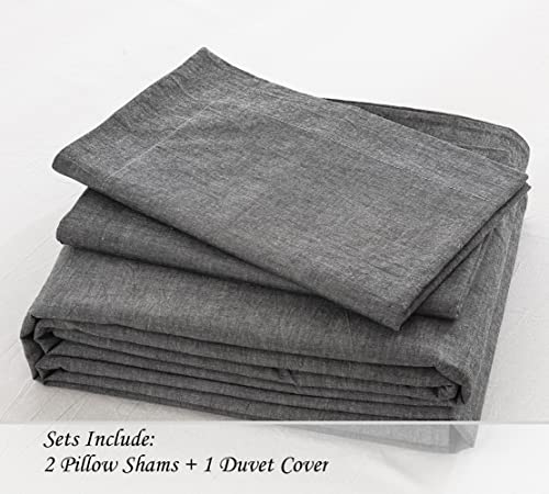  Duvet Cover Set (Cal. King 104"X96" Cover + 2 Pillowcases), Charcoal Washed Cotton Bedding, Zipper Closure