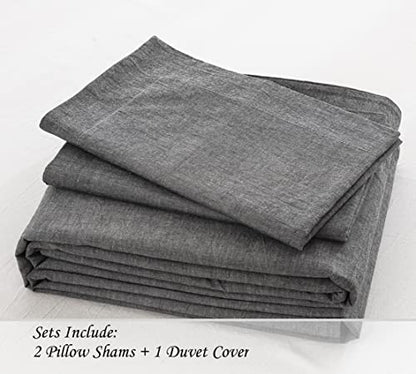  Duvet Cover Set (Cal. King 104"X96" Cover + 2 Pillowcases), Charcoal Washed Cotton Bedding, Zipper Closure