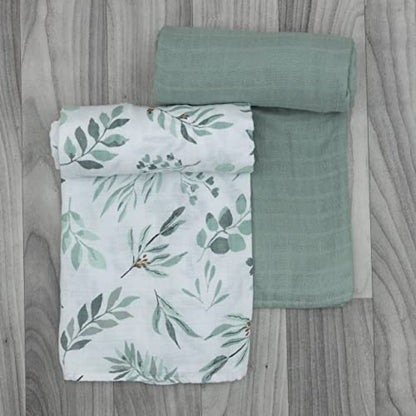  Organic Baby Muslin Swaddle Blankets For Boy Or Girl - Eucalyptus Leaves And Sage Swaddle Blanket 2 Pack - Soft Organic Cotton And Natural Bamboo Muslin, XLarge And Breathable, Boho Baby, 47" X 47"