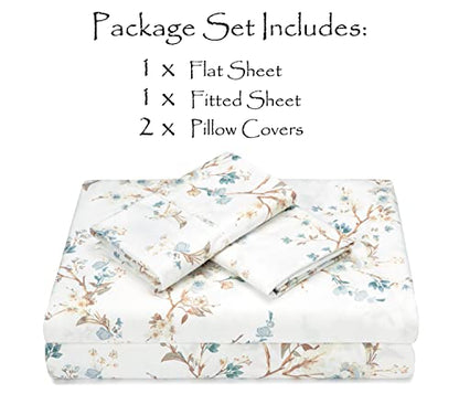  Traditional Floral Printed Elegant Patterned King Bed Sheet Set 4-Piece - 1 Flat Sheet 1 Fitted Sheet And 2 Pillowcases - Ultra Soft Wrinkle Stain Resistant Microfiber Sheets - Blue
