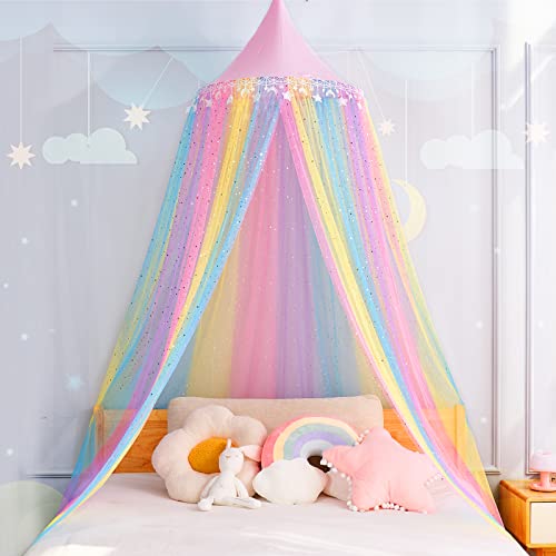  Rainbow Bed Canopy For Girls,Shiny Kids Princess Round Dome Bed Curtain With Star Moon Glitter,Kids Crib Canopy Play Tent Canopy Dreamy Bed Netting For Girls Bedroom Decor Children Reading Corners