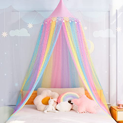  Rainbow Bed Canopy For Girls,Shiny Kids Princess Round Dome Bed Curtain With Star Moon Glitter,Kids Crib Canopy Play Tent Canopy Dreamy Bed Netting For Girls Bedroom Decor Children Reading Corners