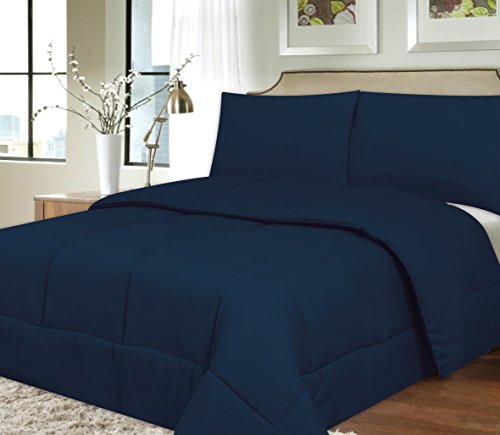  Down Alternative Polyester Comforter Box Stitch Microfiber Bedding - Queen, Navy