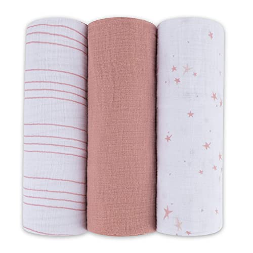  Ely's & Co. Muslin Swaddle Blanket 3-Pack For Baby Boy— 100% Cotton Muslin Extra-Large Swaddle Blankets (47”x 47”) — (Misty Blue Stars│Solid│Stripes)