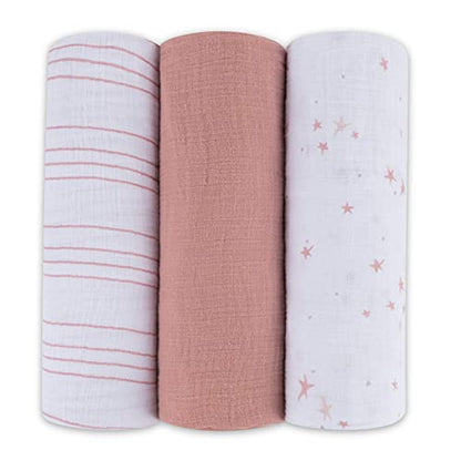  Ely's & Co. Muslin Swaddle Blanket 3-Pack For Baby Boy— 100% Cotton Muslin Extra-Large Swaddle Blankets (47”x 47”) — (Misty Blue Stars│Solid│Stripes)