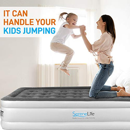  Serene Life Built In ComfortCoil Technology & Internal High Capacity Pump | Elevated Raised Air Mattress Quilt Top 1-Year Guarantee Twin Size, Gray