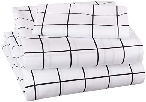  Amazon Basics Soft Microfiber 4 Piece Sheet Set With Elastic Pockets, Full, Black Grid, Geometric